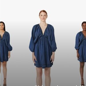 Denim Dress Puff Sleeve V Neck